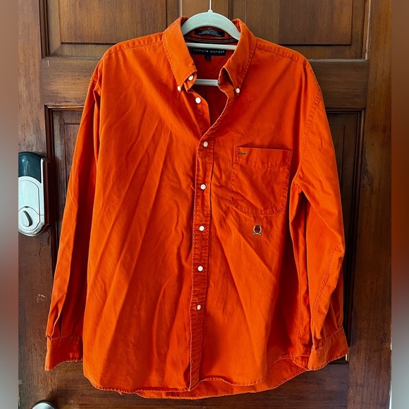 Tommy Hilfiger Orange Button Down Shirt L Crest Logo Long Sleeve 100% Cotton - Picture 8 of 8